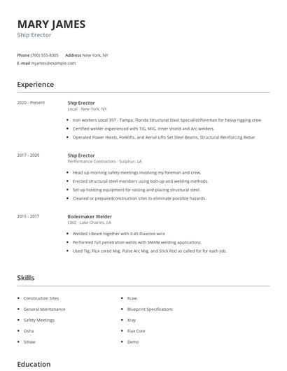 Ship Erector Resume