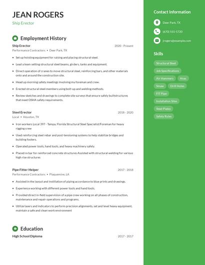 Ship Erector Resume