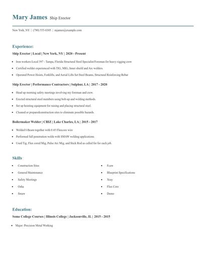 Ship Erector Resume