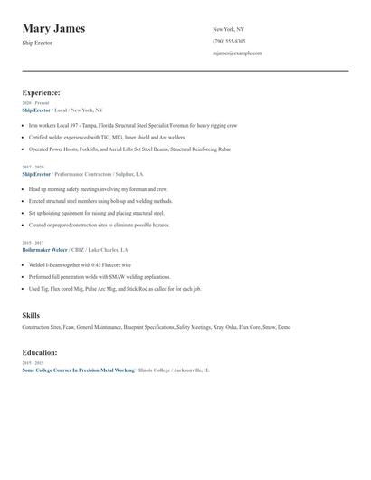 Ship Erector Resume