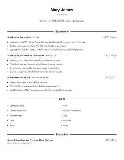 Ship Erector Resume