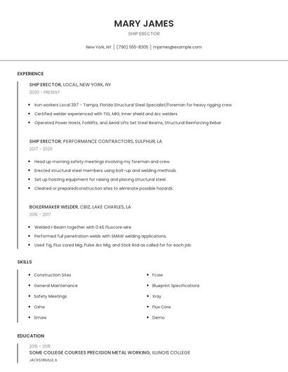 Ship Erector Resume