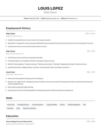 Ship Joiner Resume