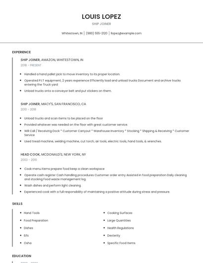 Ship Joiner Resume