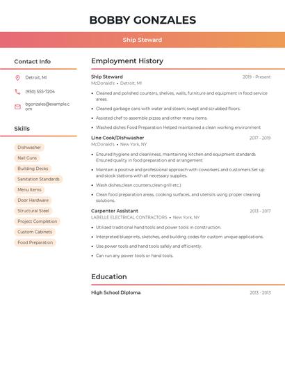 Ship Steward Resume