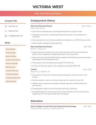 Ship Yard Electrical Person Resume