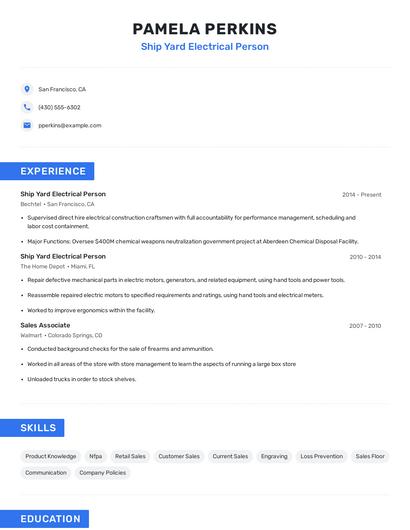 Ship Yard Electrical Person Resume