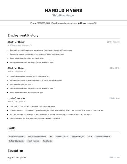 Shipfitter Helper Resume
