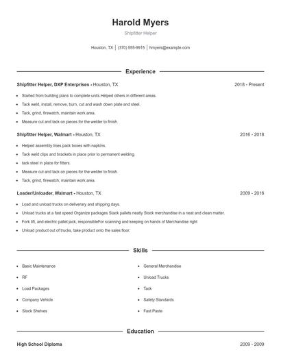 Shipfitter Helper Resume