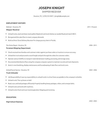 Shipper Receiver Resume