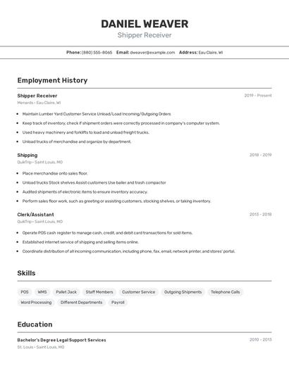Shipper Receiver Resume