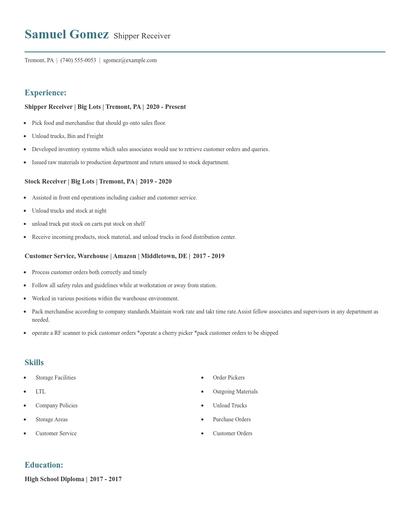Shipper Receiver Resume