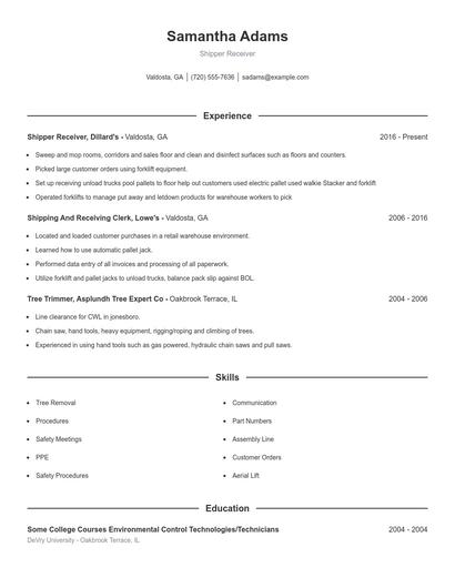 Shipper Receiver Resume