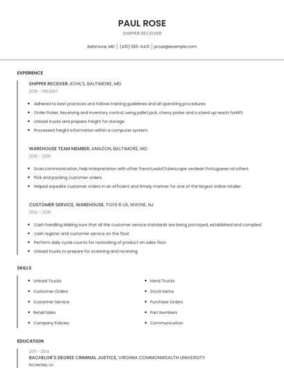 Shipper Receiver Resume
