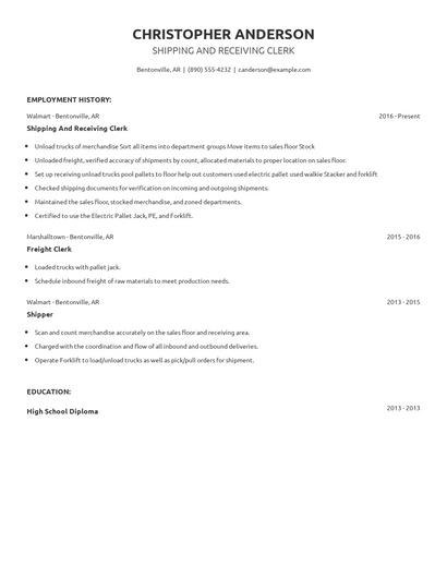 Shipping And Receiving Clerk Resume