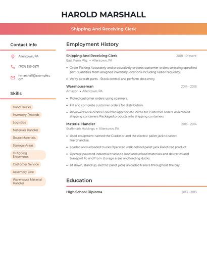 Shipping And Receiving Clerk Resume