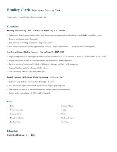 Shipping And Receiving Clerk Resume