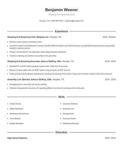Shipping And Receiving Clerk Resume