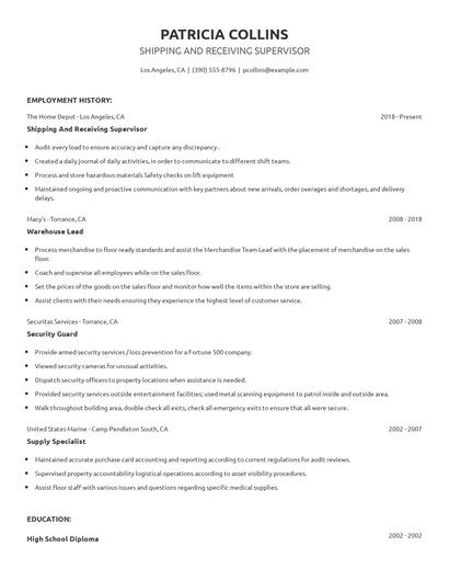 Shipping And Receiving Supervisor Resume