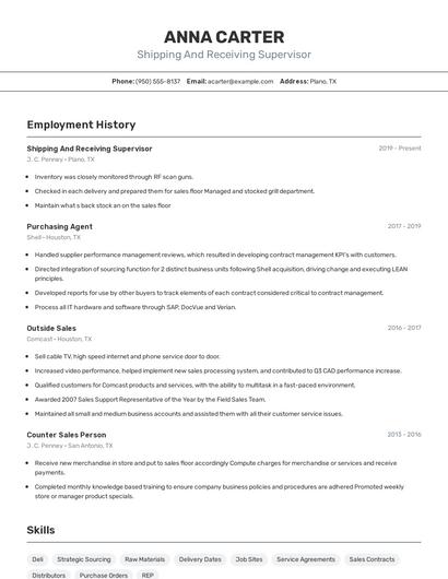 Shipping And Receiving Supervisor Resume