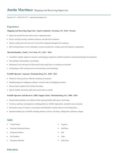 Shipping And Receiving Supervisor Resume