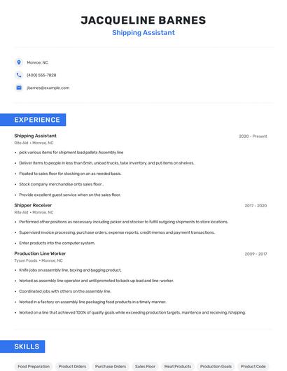 Shipping Assistant Resume
