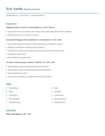 Shipping Associate Resume