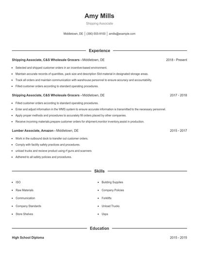 Shipping Associate Resume