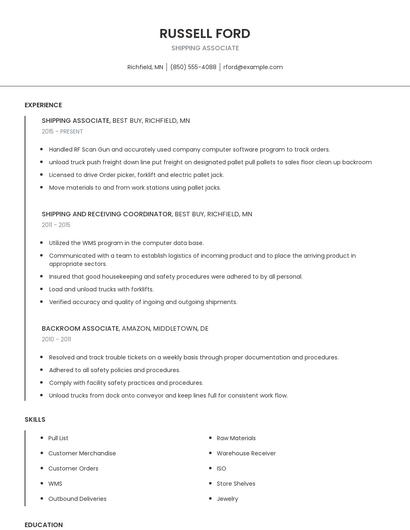 Shipping Associate Resume