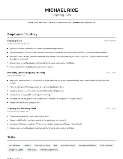 Shipping Clerk Resume