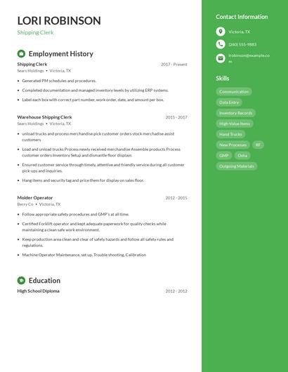 Shipping Clerk Resume
