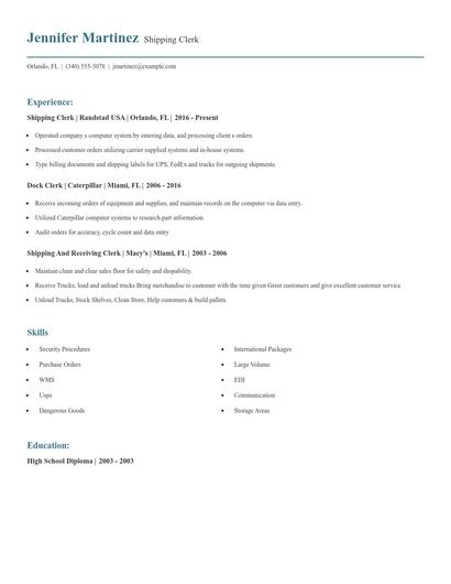 Shipping Clerk Resume