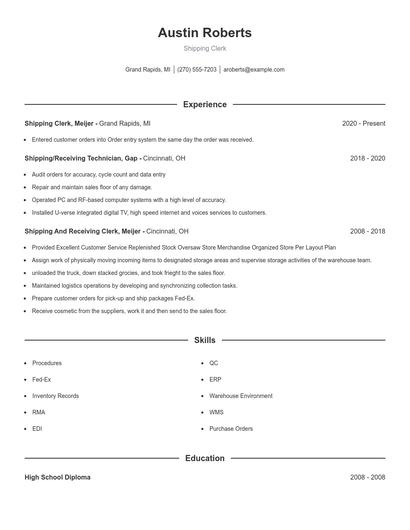 Shipping Clerk Resume