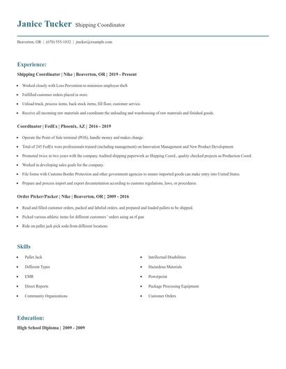 Shipping Coordinator Resume