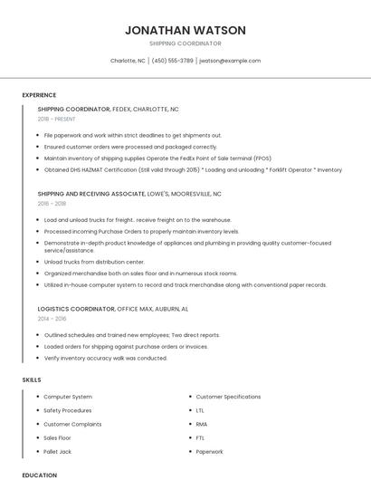Shipping Coordinator Resume