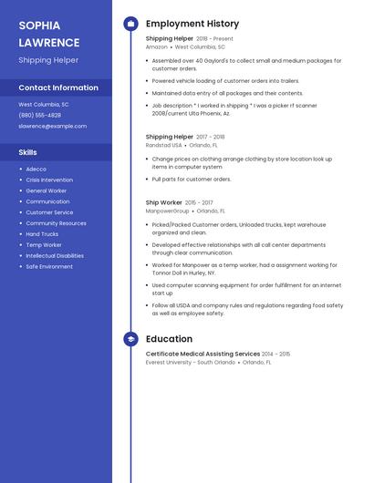 Shipping Helper Resume