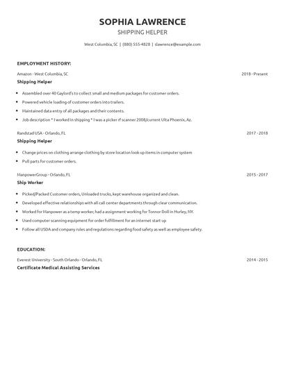 Shipping Helper Resume