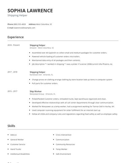 Shipping Helper Resume