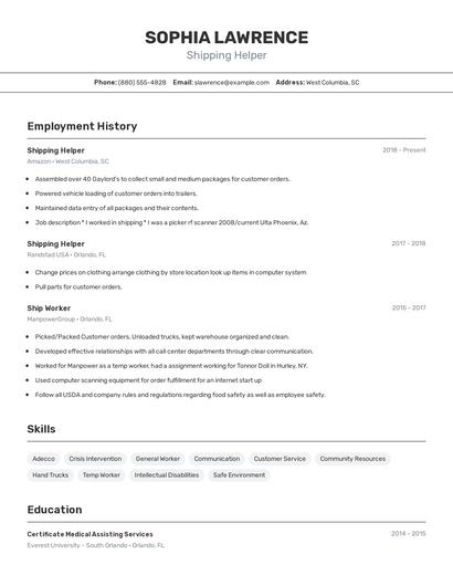Shipping Helper Resume