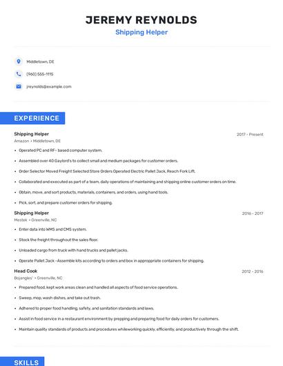 Shipping Helper Resume