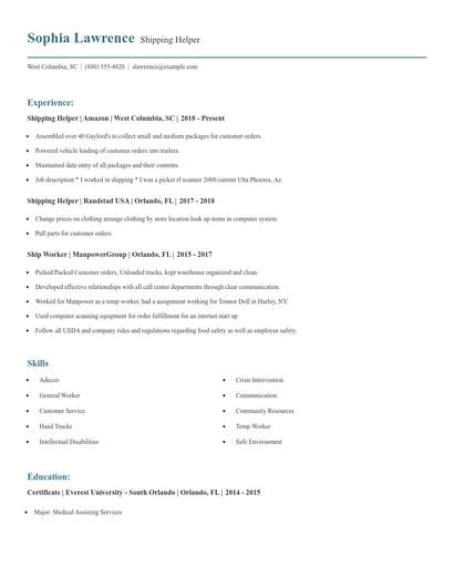 Shipping Helper Resume