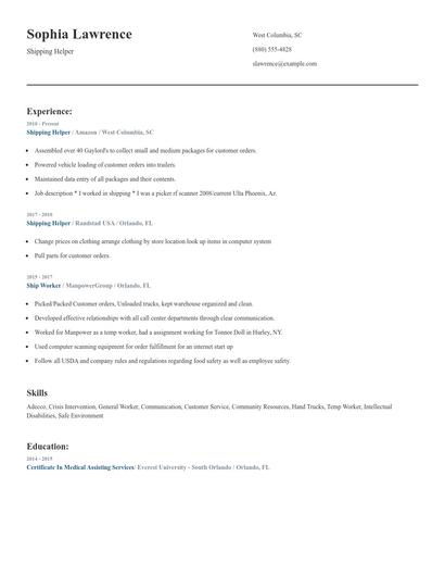 Shipping Helper Resume