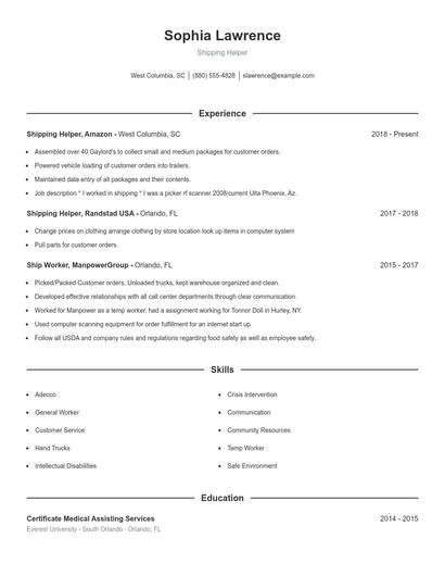 Shipping Helper Resume