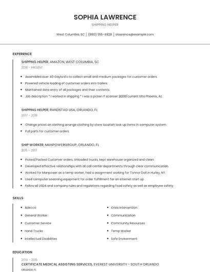 Shipping Helper Resume