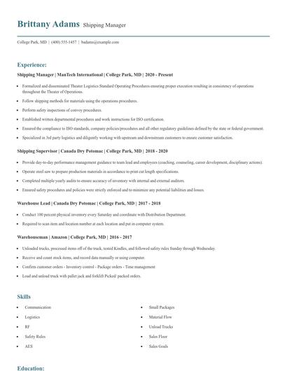 Shipping Manager Resume