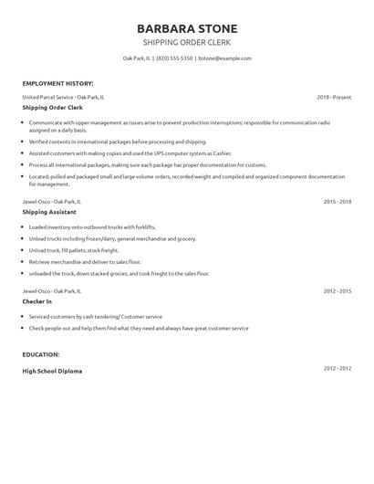Shipping Order Clerk Resume