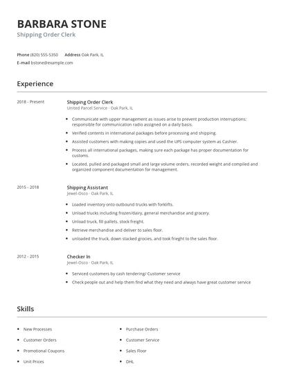Shipping Order Clerk Resume