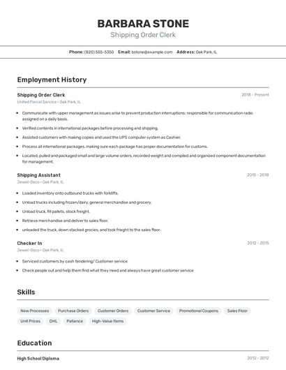Shipping Order Clerk Resume