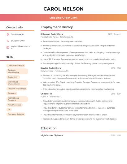 Shipping Order Clerk Resume