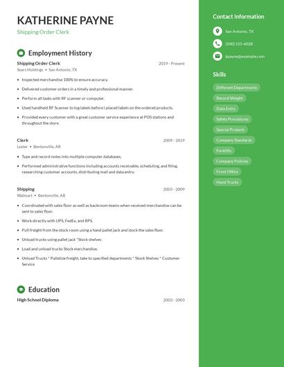 Shipping Order Clerk Resume